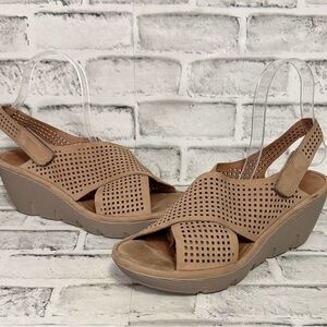 Clarks Clarence Artisan Tan Perforated Wedge Sandals